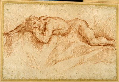 岩場に横たわる恐怖の裸体の男（紙に赤チョーク 作： Guido Reni