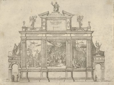 教皇クレメンス 8 世の功績を描いた 3 つのシーンがある凱旋記念碑の正面、1598 年。 作： Guido Reni