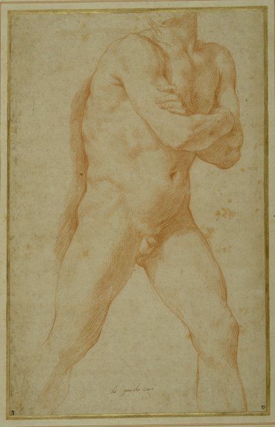 腕を組み、右肩を見ながら前に進む裸の男性（クリーム色の紙に赤チョーク 作： Guido Reni