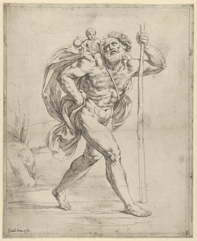 幼子キリストを右肩に乗せて歩く聖クリストファー。 1600-1640。 作： Guido Reni