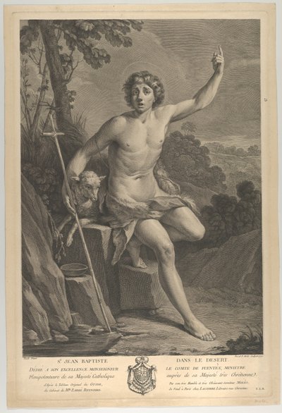 砂漠の洗礼者聖ヨハネ、岩の上に座り、左手で上を指している..., 1770 作： Guido Reni