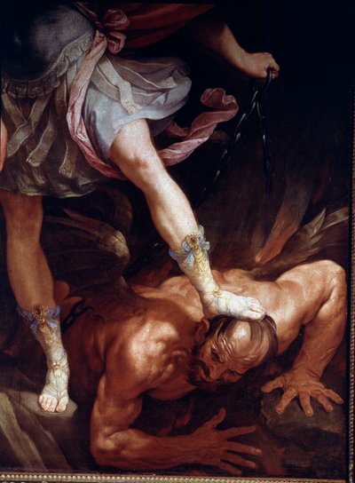 悪魔の頭を打ち砕く聖ミカエル。サンダル・シューズのディテール（シルクペインティング 作： Guido Reni