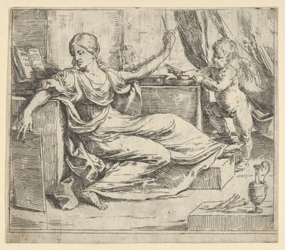 タブレットとコンパスを持って座っている女性、学習の寓意、翼のあるプット…、ca. 1600-1640。 作： Guido Reni
