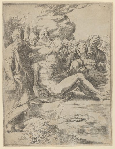 埋葬、足を伸ばしたキリスト、右側の聖母、1590-1600。 作： Guido Reni