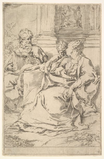 背景に聖書の場面がある聖家族。 作： Guido Reni