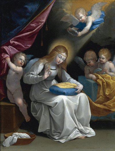 4人の天使に伴われて縫い物をする聖母（La Couseuse）」par Reni, Guido (1575-1642).銅に油彩、サイズ：28,5x21,5、個人蔵 作： Guido Reni
