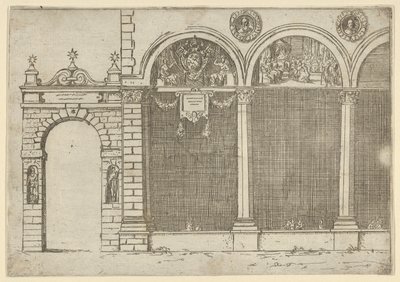 ボローニャ大司教の宮殿のアーケード、1598 年に一時的な装飾が施されています。 作： Guido Reni