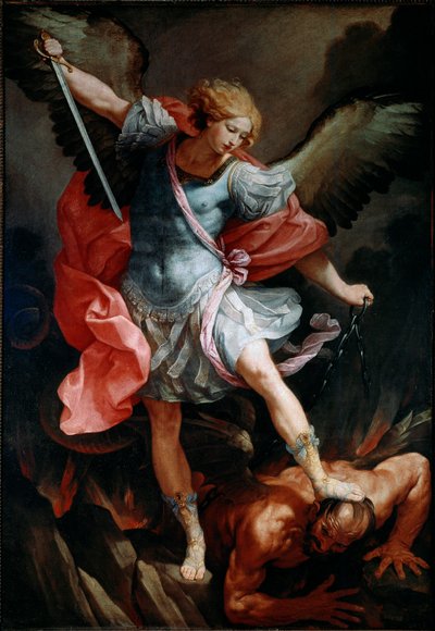 大天使聖ミカエルがガイドと呼ばれるグイド・レーニの悪魔の絹の絵の頭を砕く 作： Guido Reni
