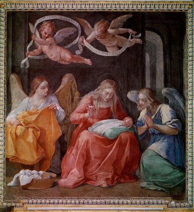 二人の天使と縫う処女（フレスコ画 作： Guido Reni