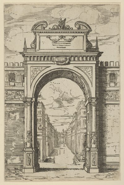 モーセ像がそびえ立つ凱旋門、下のアーチ越しに見える建物、1598 年。 作： Guido Reni