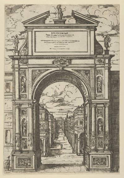 ボローニャ市を代表する像が上にある凱旋門、1598 年に見られる建物。 作： Guido Reni