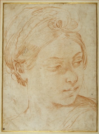 若い女性の頭、左肩を見るように振り返っている（白紙に赤チョーク 作： Guido Reni