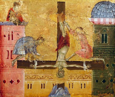 グイド・ダ・シエナ（活動時期：1250年頃～1300年頃）による木版画「聖ペテロの磔刑」（「即位した聖ペテロのパリオット」からのディテール）。 作： Guido da Siena