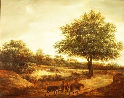 旅人が道を行き、その先にコテージがある森の風景 作： Guillam de Vos