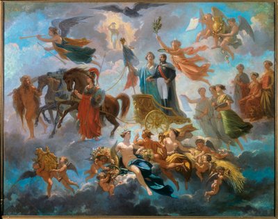 ナポレオン3世（1808-1873）の神格化 神話の登場人物であるアテナ、ヘラクレス、ヘルメスに混じって、戦車に乗った皇帝の王冠の勝利をアレゴリー的に表現しています。アルフォンス・カバソン（1814-1884）による絵画 1854年 日0.65 X 0.81 m コンピエーニュ 作： Guillaume Alphonse Harang Cabasson