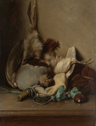 ウッドピジョンとパウダーホーンのある静物 作： Guillaume Anne van der Brugghen