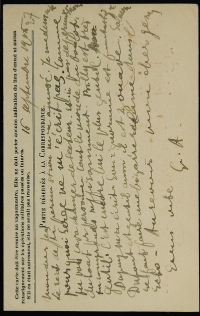 1915年9月16日付のジーンモレット宛のサイン入りハガキ 作： Guillaume Apollinaire