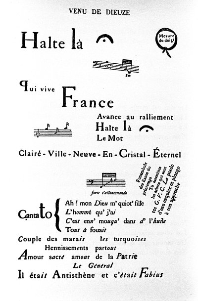 ギヨーム・アポリネール（1880-1918）のカリグラム（rhebus）：「Come of Dieuze」。 作： Guillaume Apollinaire