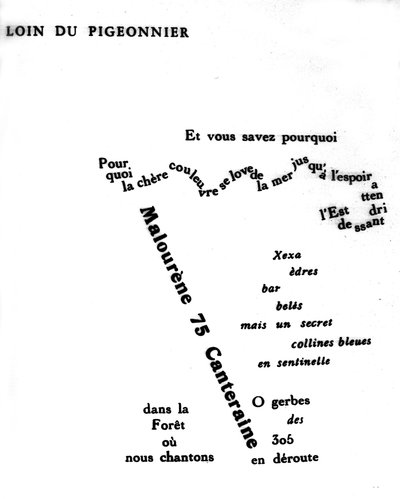 ギヨーム・アポリネール（1880-1918）のカリグラム。"ピジョニエから遠く離れて" 作： Guillaume Apollinaire