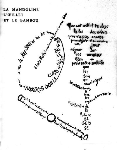 ギヨーム・アポリネール（1880-1918）のカリグラム。"マンドリン、カーネーション、竹" 作： Guillaume Apollinaire