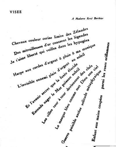 ギヨーム・アポリネール（1880-1918）のカリグラム：「Visee」。 作： Guillaume Apollinaire