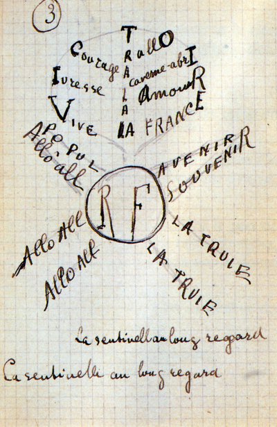 ギョーム・アポリネールのカリグラム-「Du coton dans les oreilles」の中にある、17葉の直筆原稿。 作： Guillaume Apollinaire