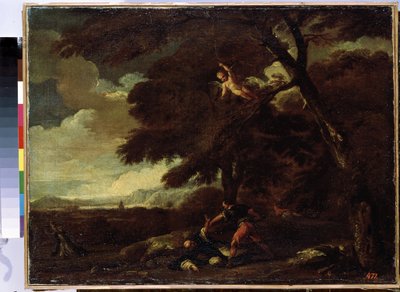 ""The Death of Saint Peter of Verone"" (聖ペテロ殉教者の暗殺) ドミニコ会の説教者、ヴェローネのピエトロ (ピエトロ ロジーニまたはピエトロ マルティーレまたはピエトロ ダ ヴェローナ) (1205-1252) は、ミラノに来る道で殺されます。 . ギヨーム・クルトイの絵画 作： Guillaume Courtois