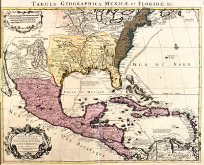 メキシコ、フロリダ（アメリカ）とカリブ諸島（キューバ、ハイチ、ジャマイカ、アンティル諸島）の地図（銅版画 作： Guillaume Delisle