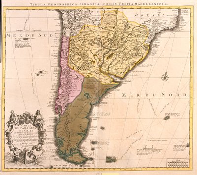 パラグアイ、チリ、マゼラン島（アルゼンチン）の地図（銅版画 作： Guillaume Delisle