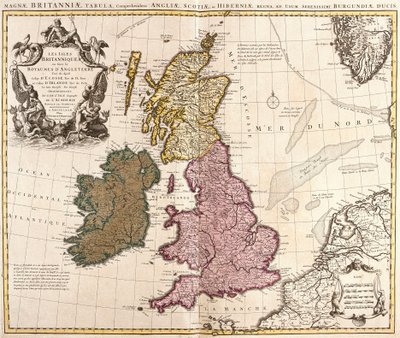 イギリス諸島の地図、イングランド、スコットランド、アイルランドの王国（銅版画 作： Guillaume Delisle