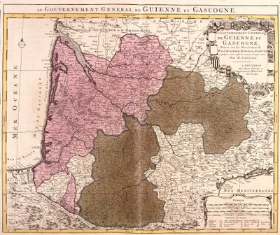 ギュイエンヌとガスコーニュ（フランス）の政府の地図（エッチング 作： Guillaume Delisle