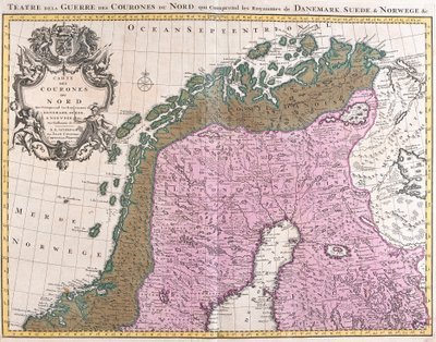 デンマーク、スウェーデン、ノルウェーの北欧諸国の地図（銅版画 作： Guillaume Delisle