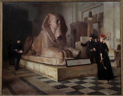 大スフィンクスの前を訪れるルーヴル美術館のエジプト館。ギヨーム・ラリュー（1851-1935）による絵画 作： Guillaume Larrue