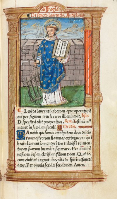 印刷時祷書（ローマ使用）：フォール101r、聖ローレンス 作： Guillaume Le Rouge