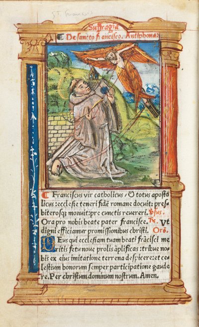 ローマ版時祷書：106v、アッシジの聖フランチェスコ 作： Guillaume Le Rouge