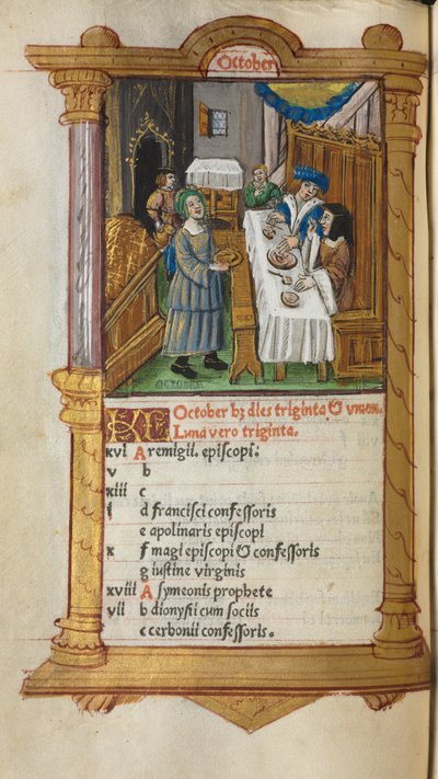 印刷された時祷書（ローマ使用）：11v.フォール、10月のカレンダーのページ 作： Guillaume Le Rouge
