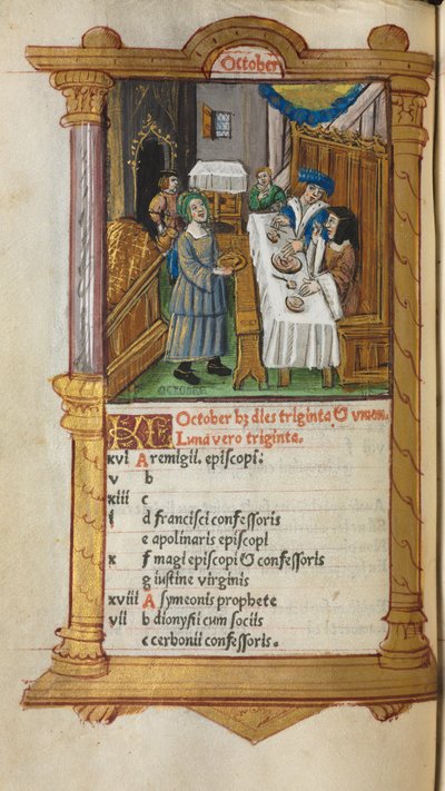 印刷された時祷書（ローマ使用）：11v.フォール、10月のカレンダーのページ 作： Guillaume Le Rouge
