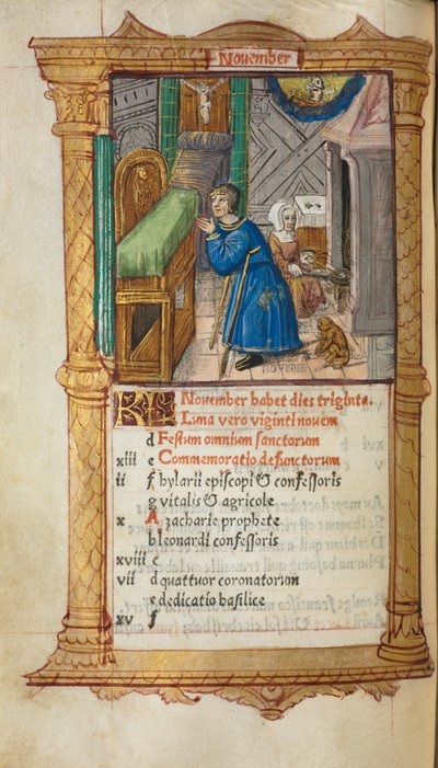 印刷された時祷書（ローマ使用）：フォール12v、11月のカレンダーのページ 作： Guillaume Le Rouge