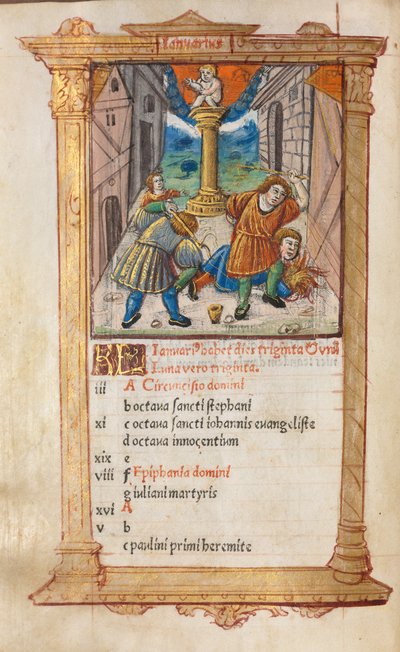印刷された時祷書（ローマ使用）：フォール2v、1月の暦の図版 作： Guillaume Le Rouge