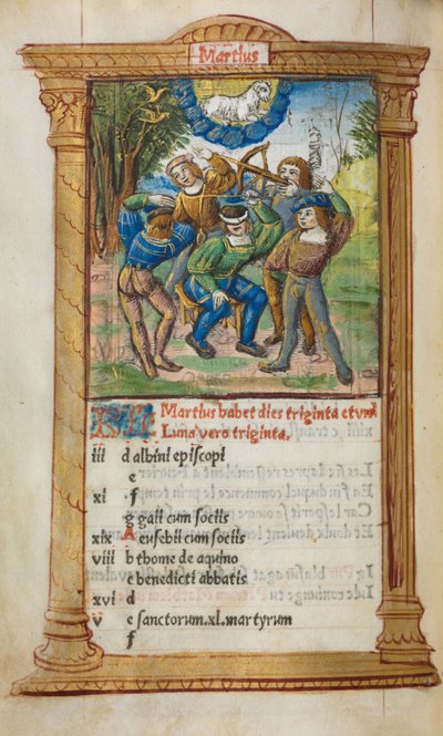 印刷された時祷書（ローマ使用）：フォール4v、3月の暦の図版 作： Guillaume Le Rouge