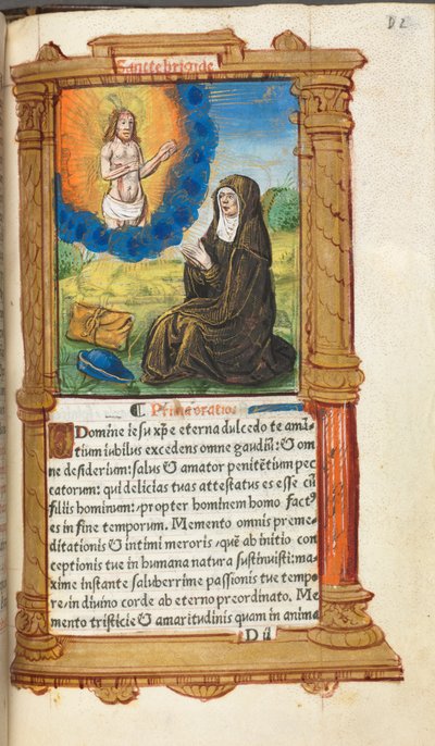 印刷時祷書（ローマ使用）：フォール90r キリストの出現の前に祈る聖ブリジット 作： Guillaume Le Rouge