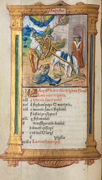 印刷された時祷書（ローマ使用）：フォル9v、8月の暦の図版 作： Guillaume Le Rouge