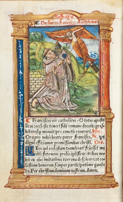 印刷された時間の本ローマの使用：fol。 106v、アッシジの聖フランシス、1510年。 作： Guillaume Le Rouge