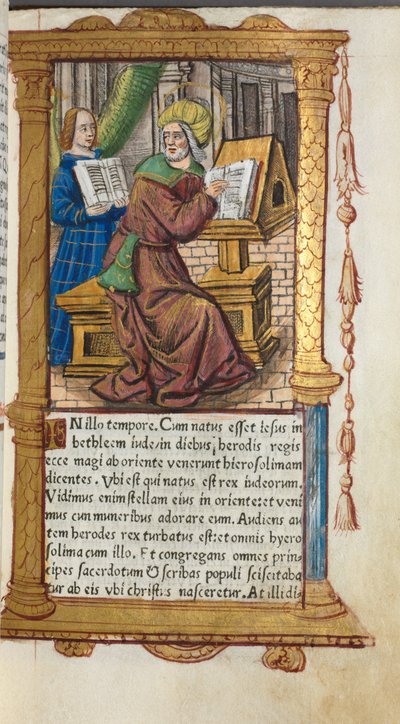 印刷された時間の本ローマの使用：fol。 19r、セントマシュー、1510年。 作： Guillaume Le Rouge