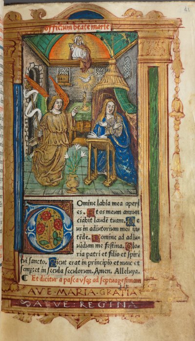 印刷された時間の本ローマの使用：fol。 25r、受胎告知、1510。 作： Guillaume Le Rouge