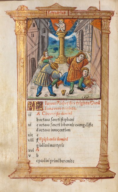 ローマの印刷された時間の使用：fol。 2v、1月のカレンダーのイラスト、1510年。 作： Guillaume Le Rouge