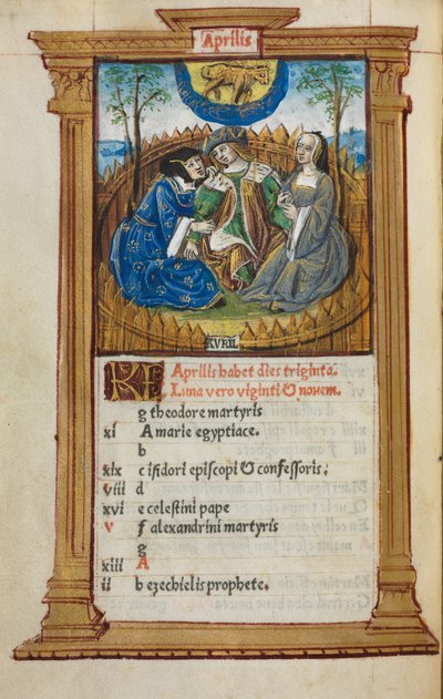 ローマの印刷された時間の使用：fol。 5v、4月のカレンダーのイラスト、1510年。 作： Guillaume Le Rouge