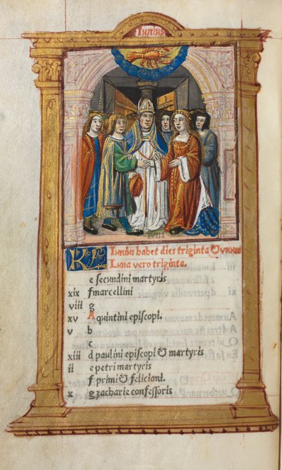 ローマの印刷された時間の使用：fol。 7v、6月のカレンダーのイラスト、1510。 作： Guillaume Le Rouge