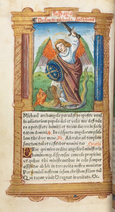 印刷された時間の本ローマの使用：fol。 97v、聖ミカエル大天使、1510年。 作： Guillaume Le Rouge
