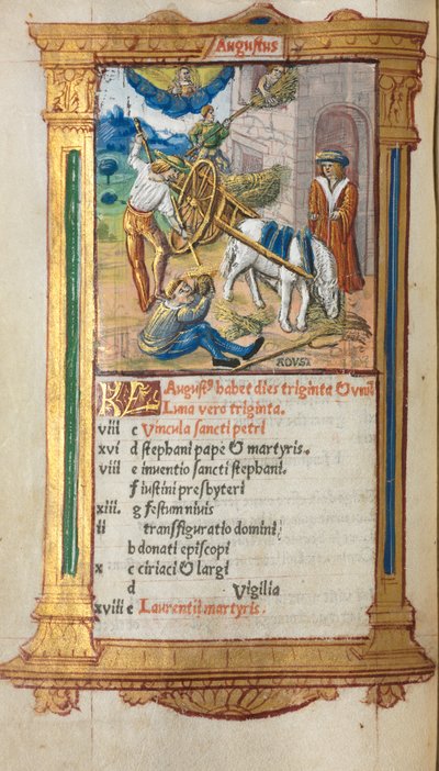 印刷された時間の本ローマの使用：fol。 9v、8月のカレンダーのイラスト、1510年。 作： Guillaume Le Rouge